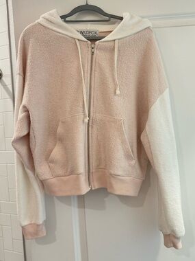 WILDFOX Pink/White Colorblock Sherpa Fleece Full Zip Hoodie Women's Size S